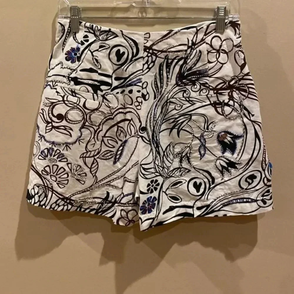 ZARA Ecru Printed Jewel High Waisted Shorts Women's Size Small